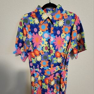 Bright Colorful flower wideleg jumpsuit boho pantsuit 60s floral L rainbow 90s